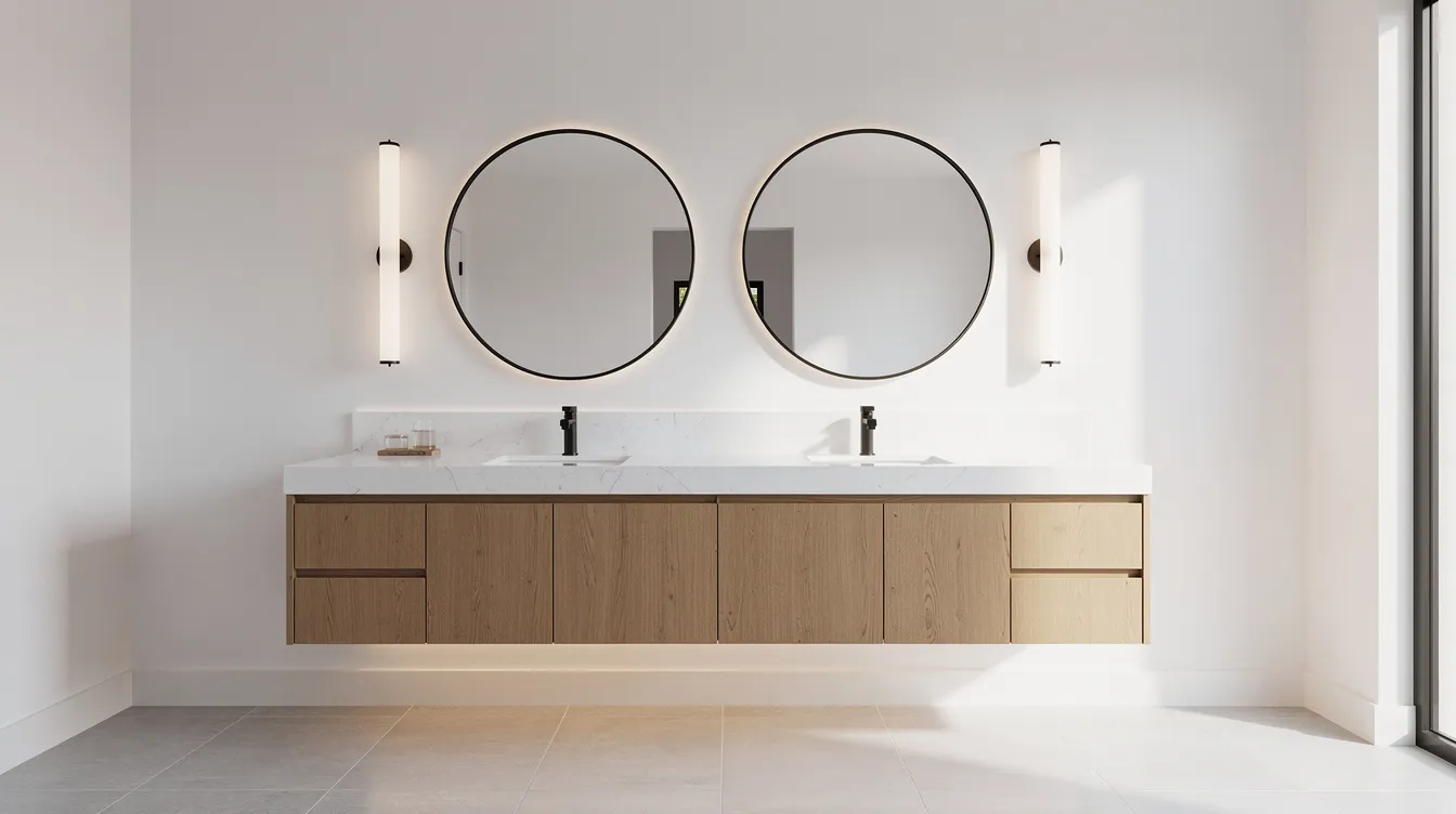 The image features a modern master bathroom showcasing a double floating vanity with a warm wood finish and a sleek white quartz countertop. Two round mirrors are elegantly placed above each sink, complemented by stylish sconce lighting on either side, creating a bright and inviting atmosphere.