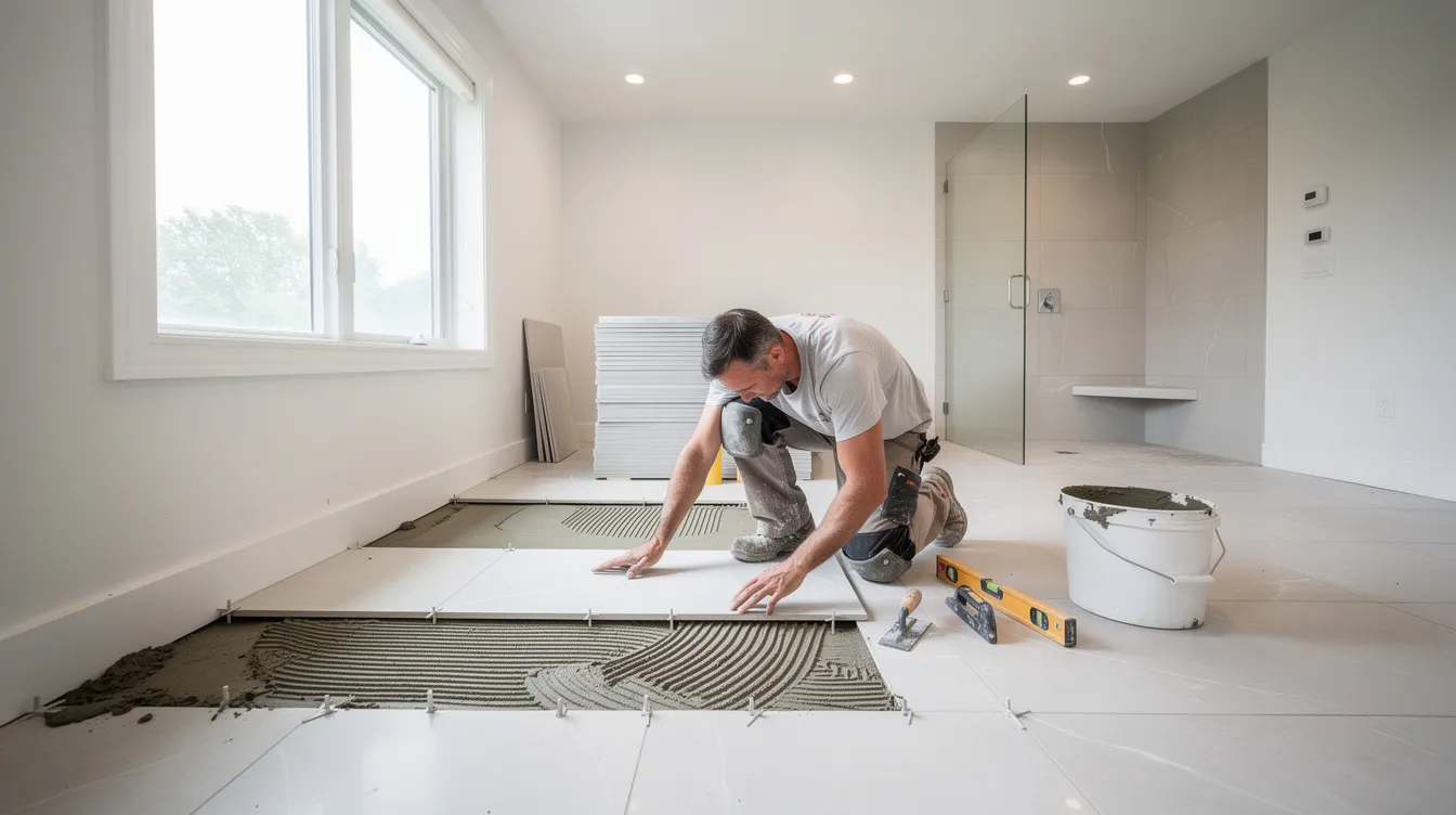 A craftsperson is diligently installing large-format tile in a bright bathroom addition, showcasing the transformation of the existing space into a practical living space filled with natural light. This home improvement project is part of a larger effort to enhance the home's square footage and functionality.