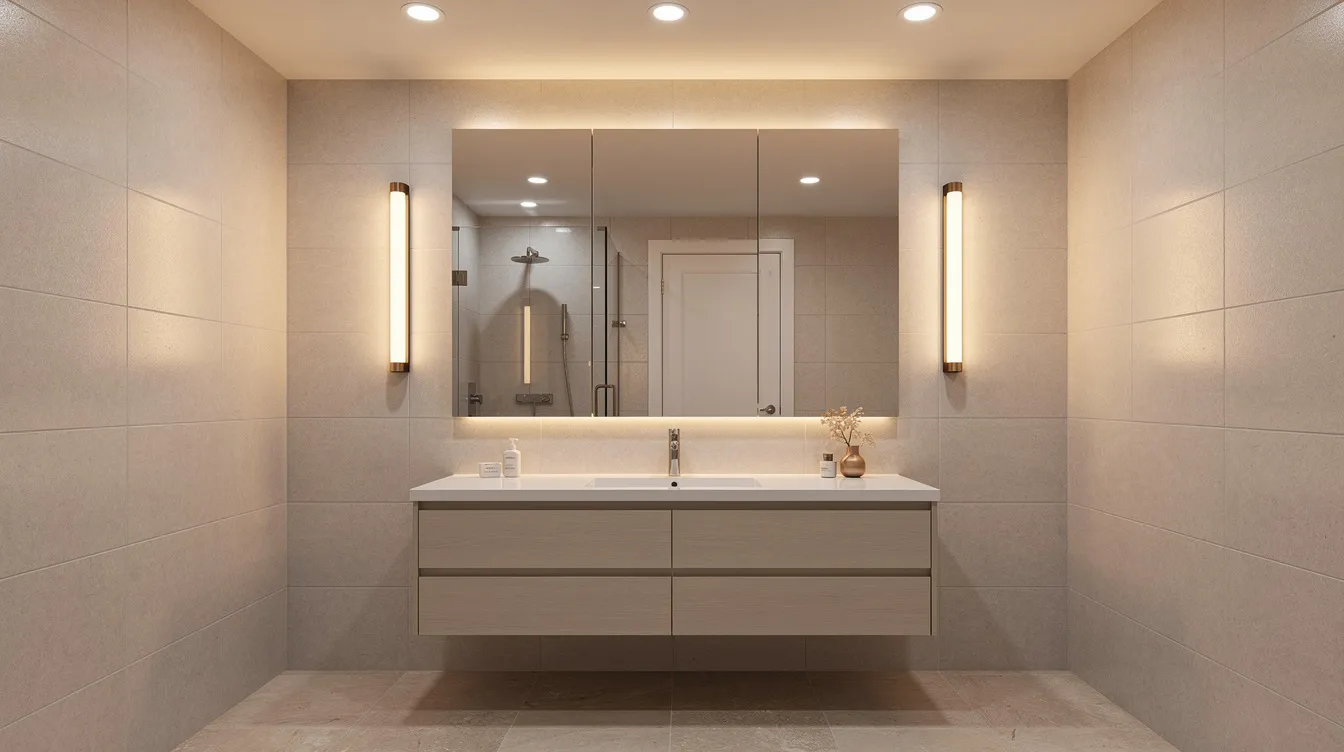 The image depicts a beautifully designed bathroom featuring warm layered lighting from recessed ceiling lights and elegant mirror sconces. This customized bathroom showcases a harmonious layout that enhances the overall aesthetic, making it an ideal space for relaxation and functionality.