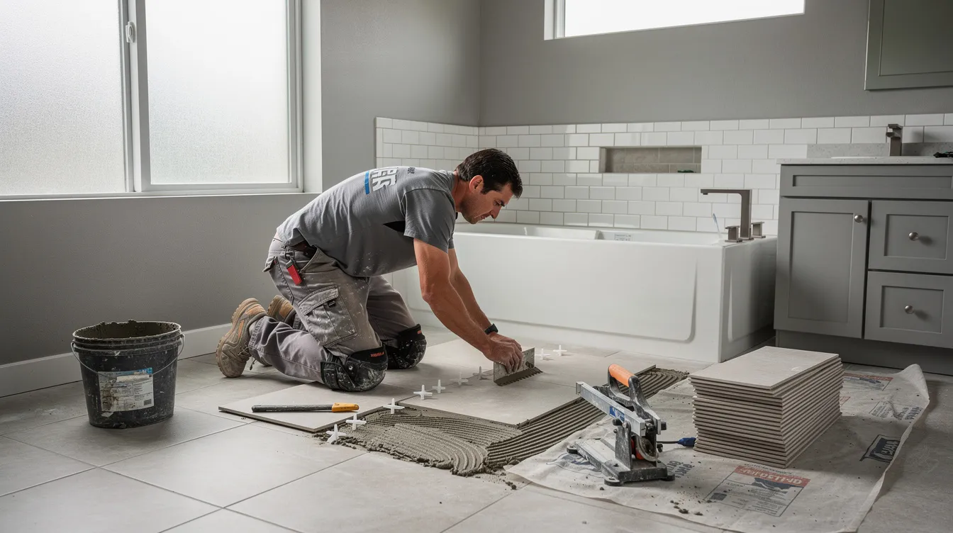 A professional contractor is installing modern tiles in a typical Colorado home bathroom, showcasing a sleek design that includes a double vanity and a stylish shower head. The image captures the meticulous process of the bathroom remodel, highlighting the attention to detail in the layout and materials used.