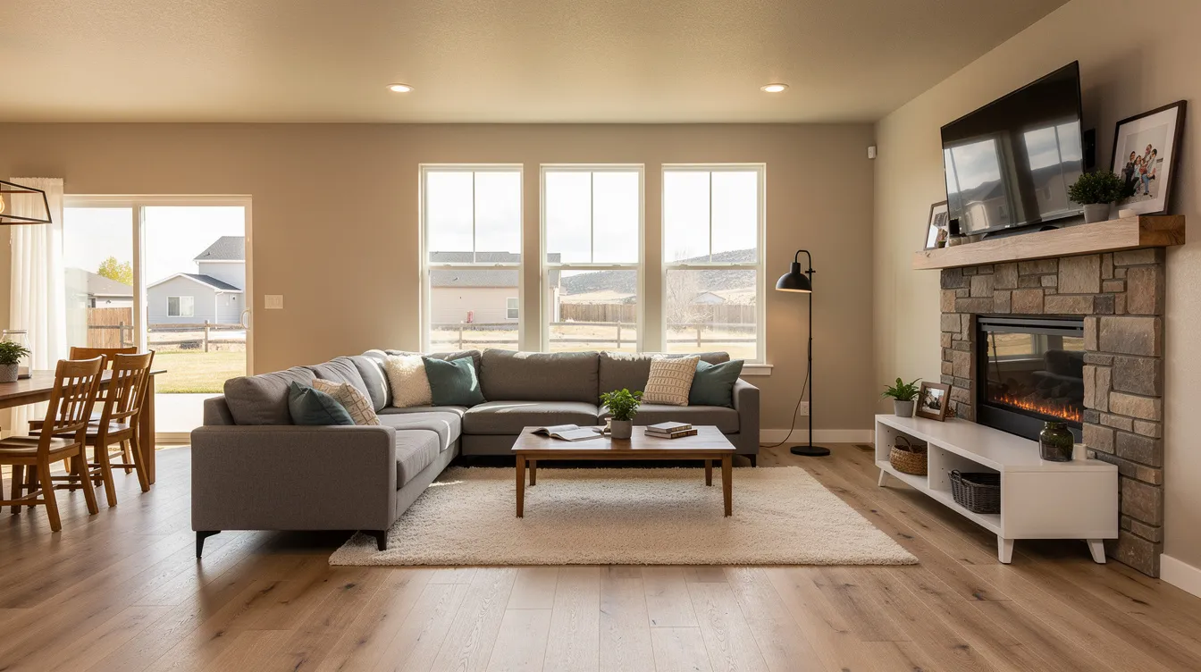 The image depicts a beautifully remodeled living room in a typical Canon City, CO family home, showcasing modern design elements such as stylish flooring, quality lighting fixtures, and open communication spaces. This inviting area reflects the expertise of general contractors in the renovation industry, emphasizing functionality and comfort for homeowners.