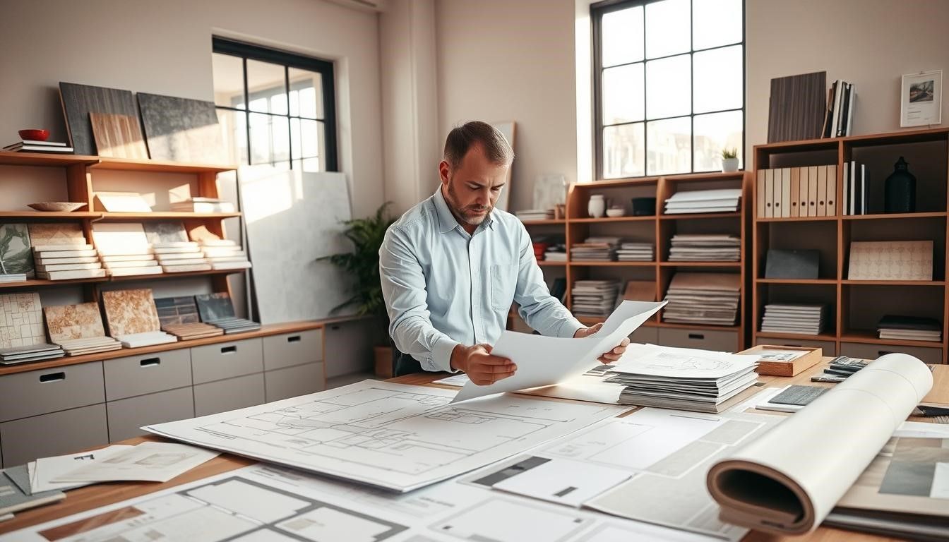Man reviewing architectural plans at a desk, surrounded by building materials and blueprints.
