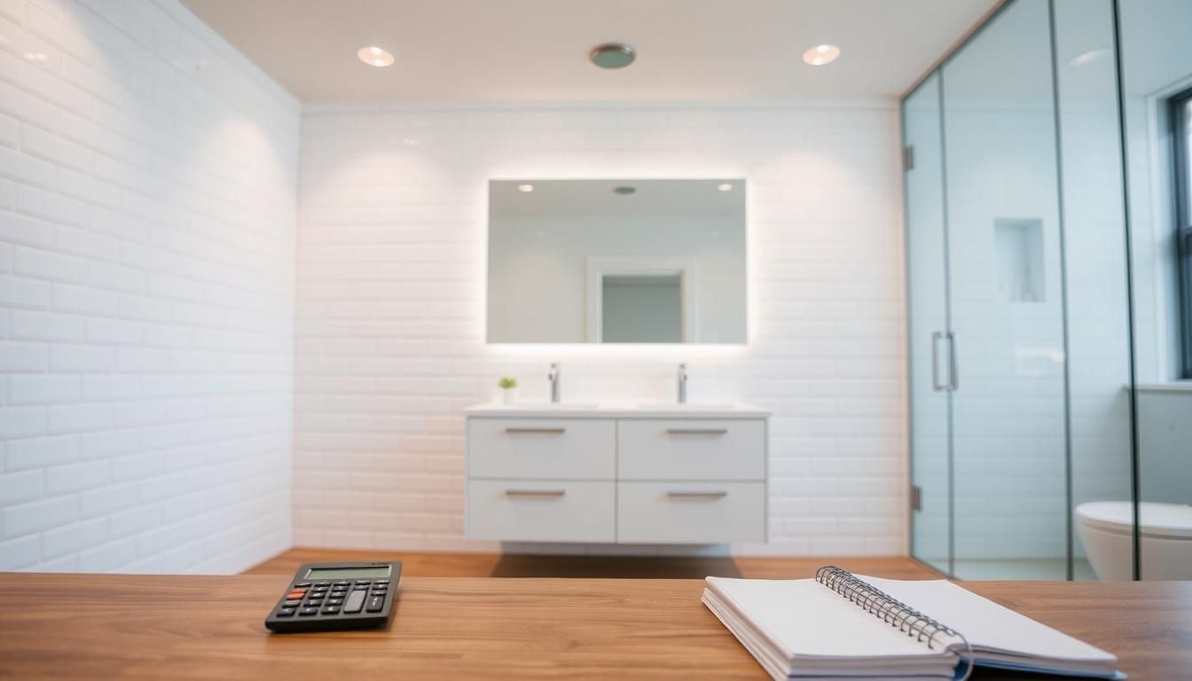 A bathroom with a sink and a calculator on a desk