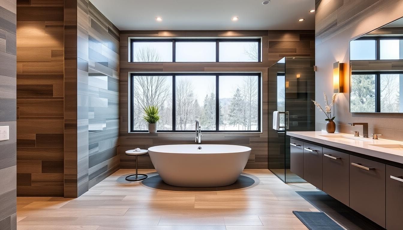 A bathroom with a tub , sinks , and a large window.