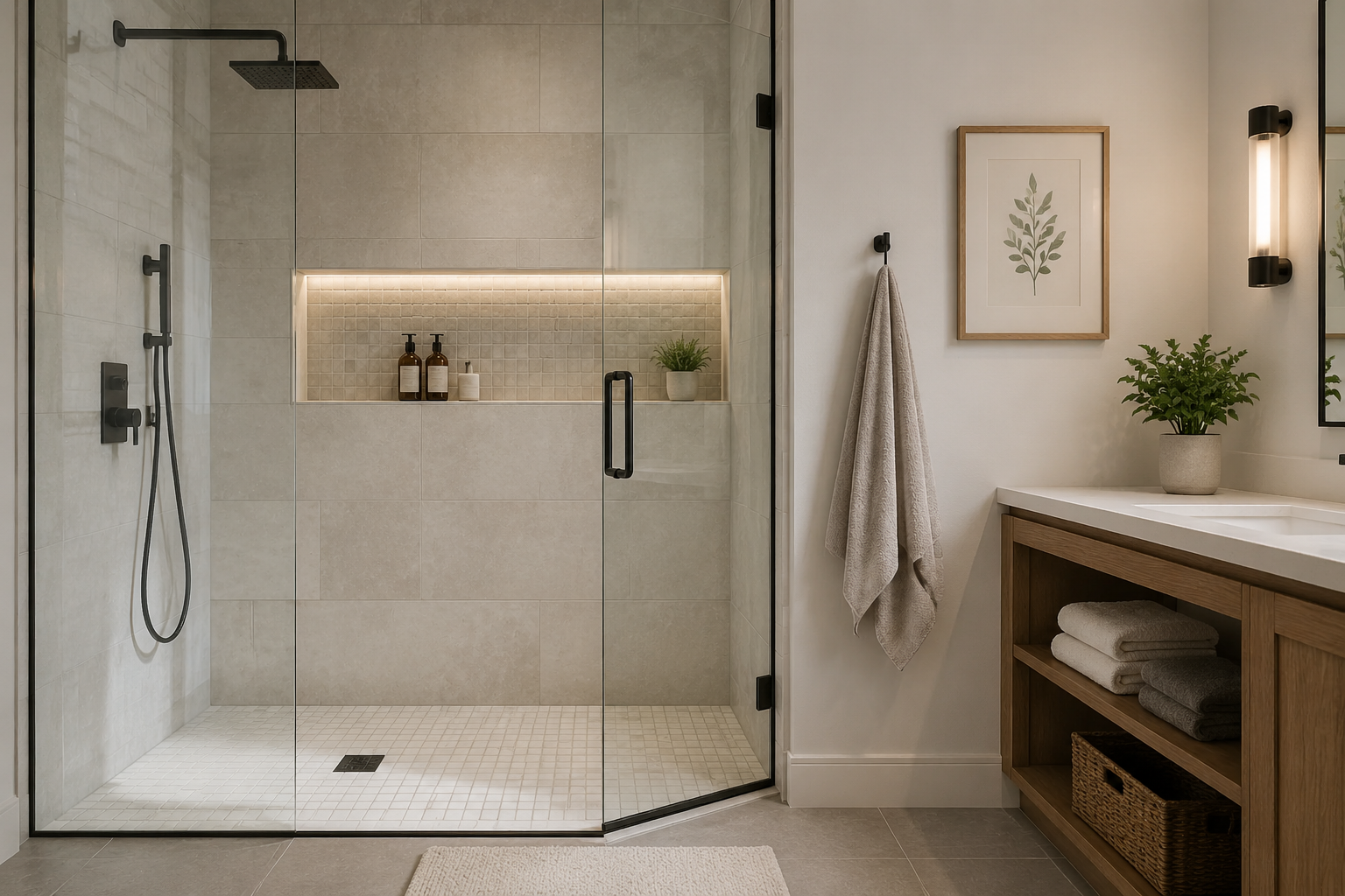 Modern beige bathroom with glass shower, floating vanity, wall art, and towel rack