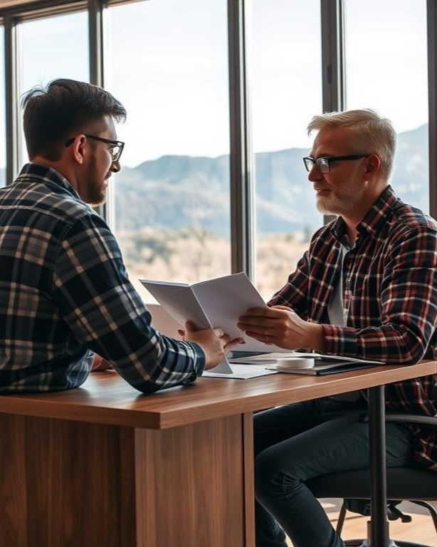 Two people in plaid shirts sit at a desk, reviewing documents. Mountains are visible through the window.