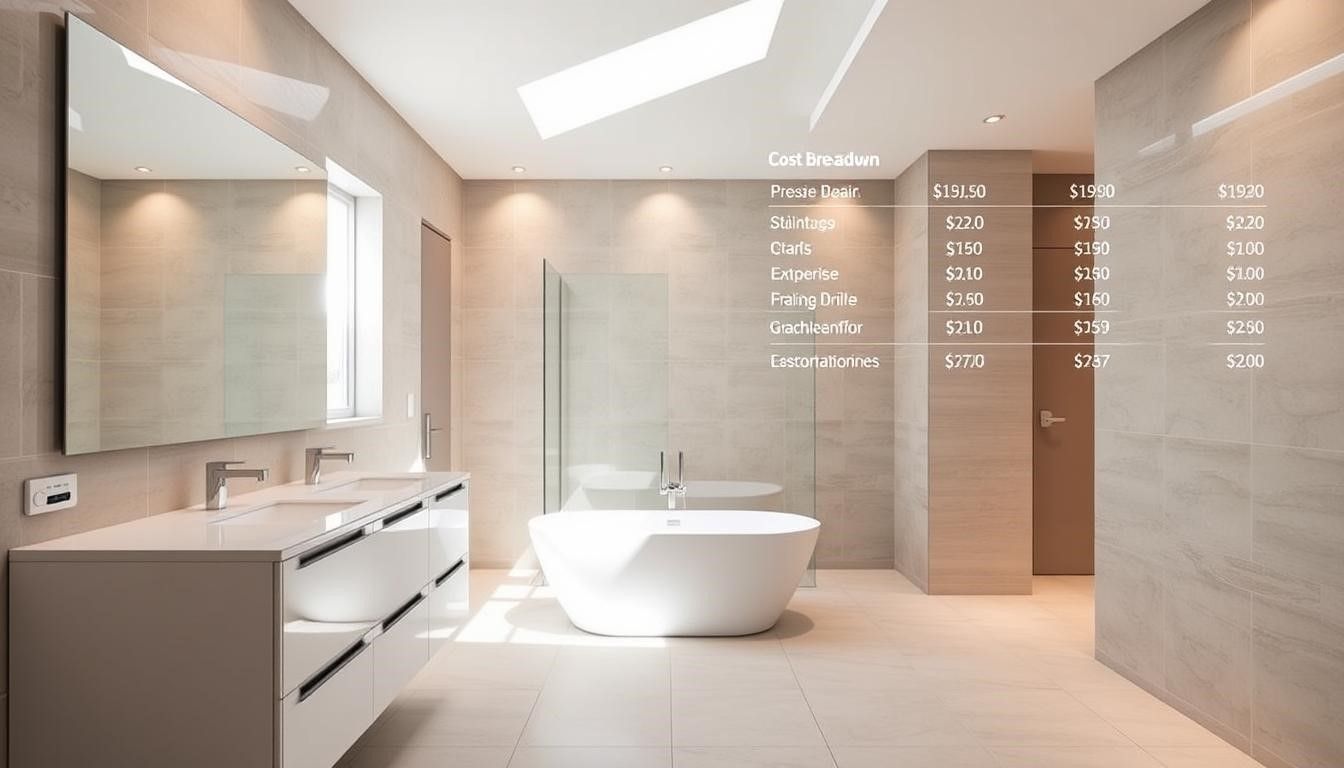 Modern bathroom with a white bathtub, vanity, and marble-like walls. A digital display is overlaid with data.