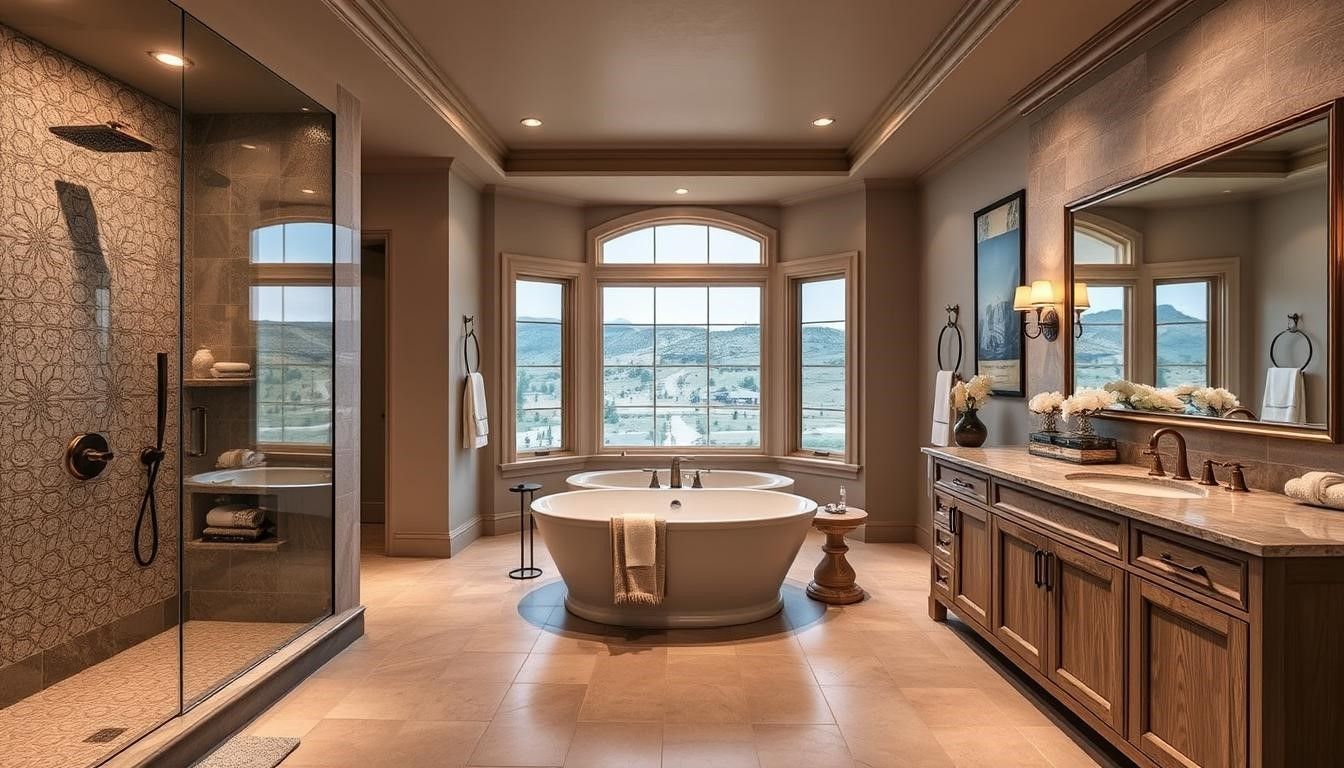 Luxurious bathroom with a bathtub, shower, and a large window overlooking a scenic view.