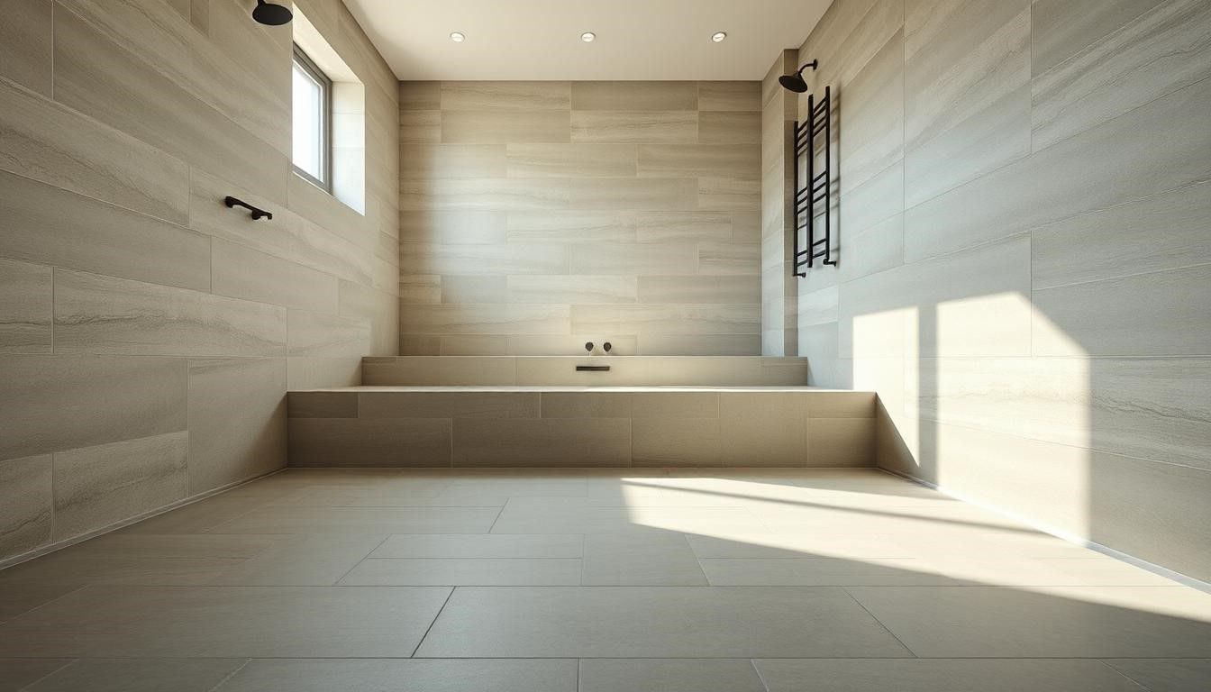 Spacious, beige-tiled modern bathroom with a built-in platform and a small window, bathed in sunlight.