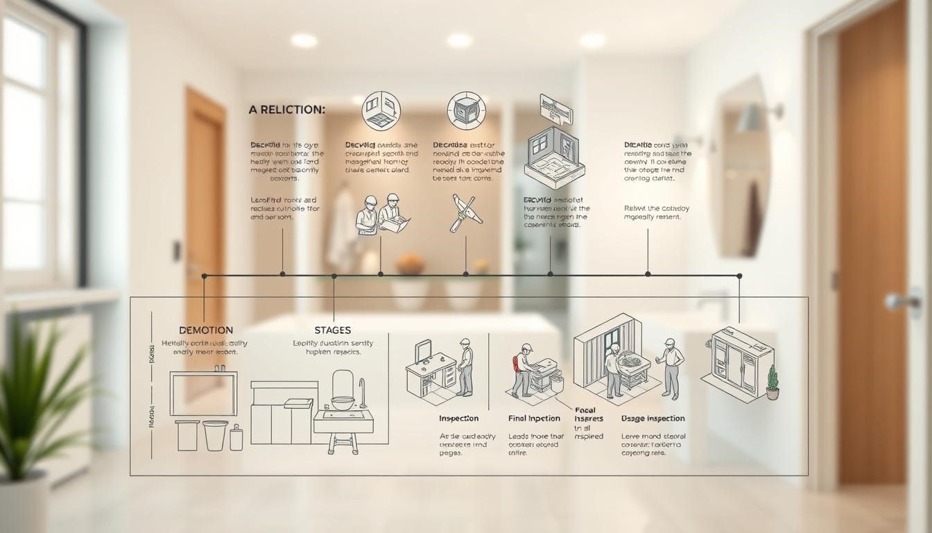 Diagram overlaying a bathroom scene, illustrating a process with various stages and steps.