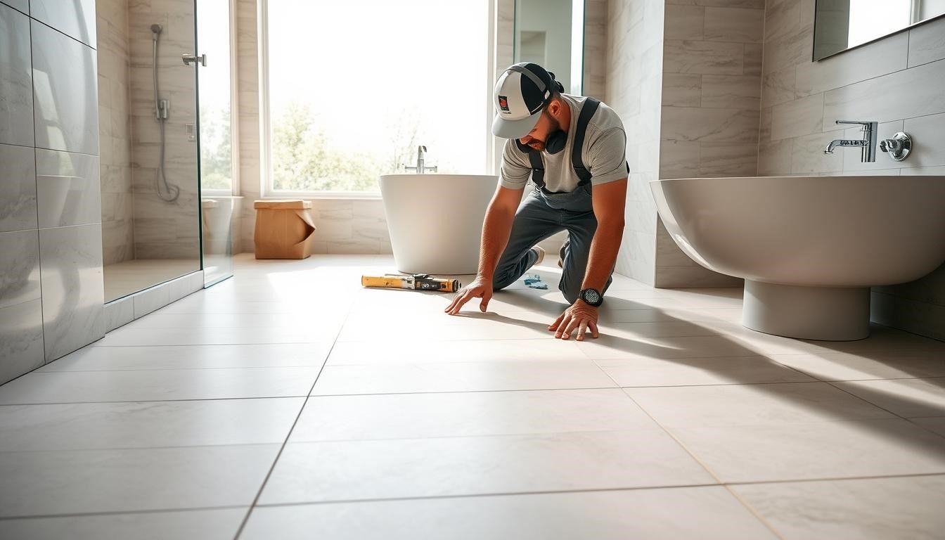 Man in overalls installing tile floor in a modern bathroom.