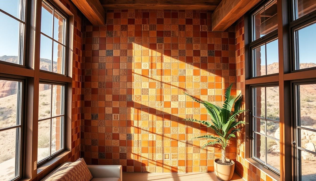 Sunlit room with orange tiled wall, windows, and potted plant, facing a scenic vista.