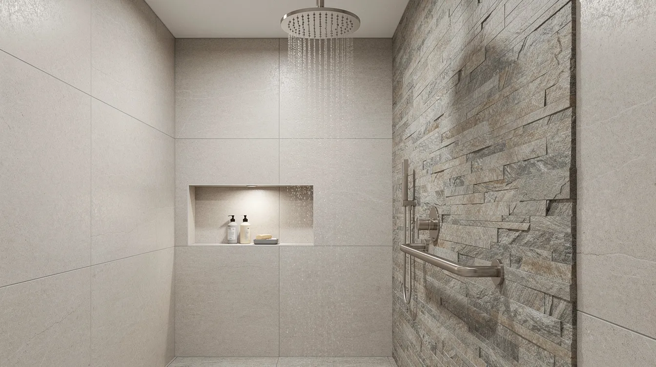 This image showcases a modern tiled shower interior with a recessed wall niche, a brushed nickel rain shower head, and a grab bar mounted on a stylish natural stone accent wall. The design emphasizes a sleek look and safety features, making it an ideal option for a bathroom renovation that creates a spa-like feel.