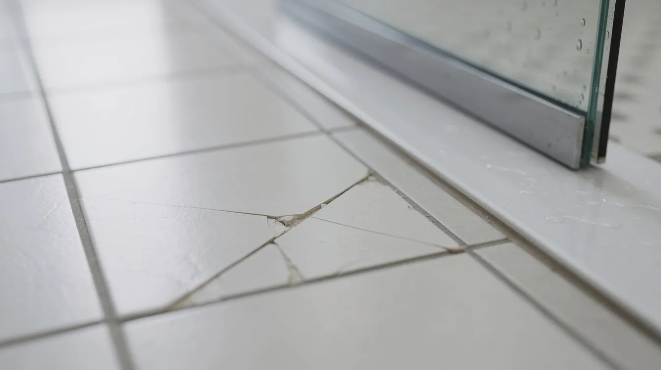 Cracked white tile floor beside a glass shower door.