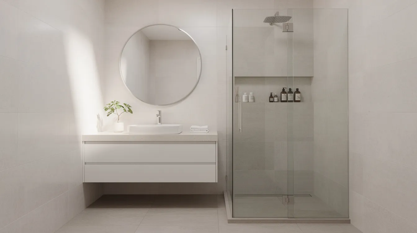 This elegant master bathroom features light neutral tiles, a frameless glass shower enclosure, and a floating white vanity that enhances the modern design. A large round mirror reflects natural light, creating a bright and inviting atmosphere in this compact yet luxurious space.