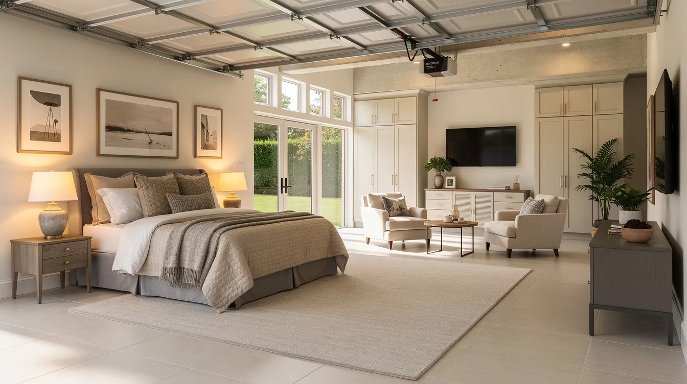 The image depicts a cozy guest suite created from an attached garage, featuring warm tile flooring and large windows that allow for ample natural light. This inviting space serves as a practical living area, seamlessly integrating into the existing home while providing extra square footage for guests.