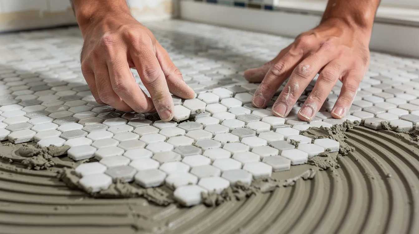 A pair of hands is carefully pressing small hexagonal porcelain mosaic tiles into thin-set mortar on a shower floor, creating an intricate pattern that adds visual interest to the space. The vibrant colors and unique shapes of the mosaic tiles are designed to enhance the overall elegance of the bathroom.