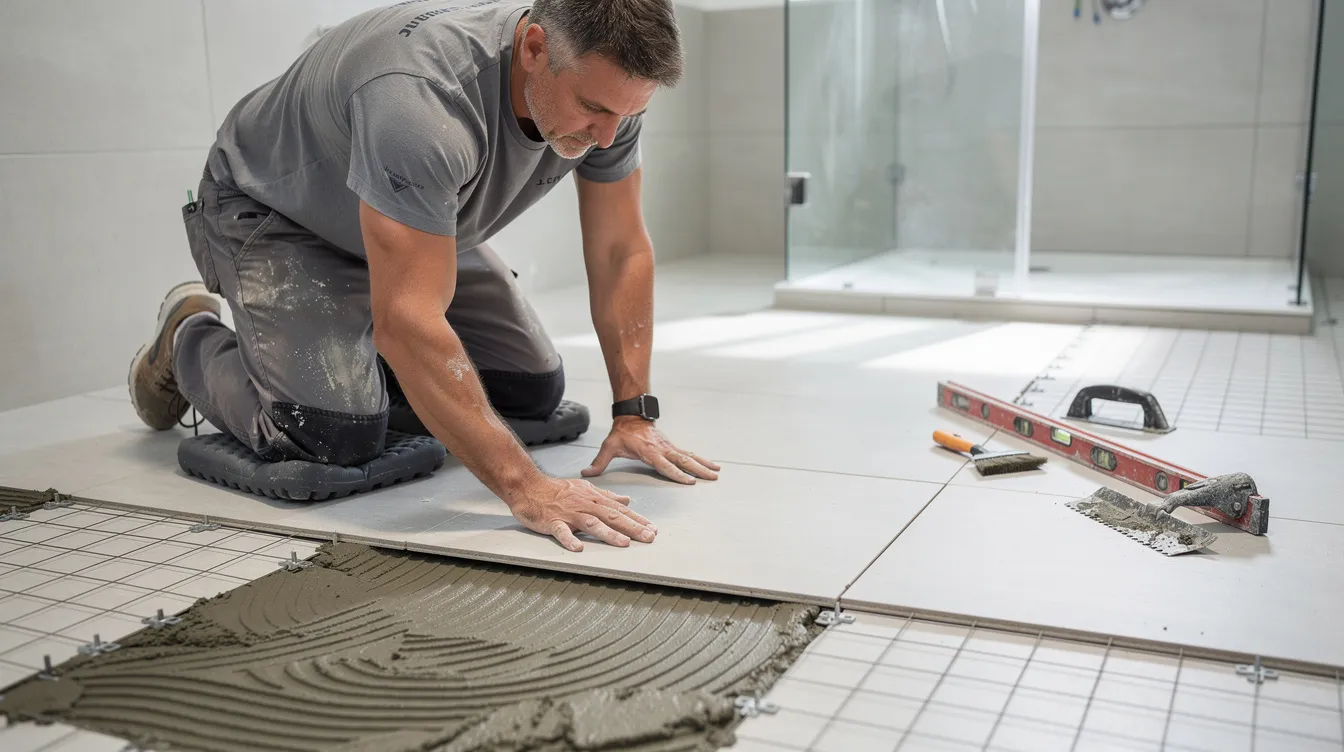 Worker kneeling to spread tile adhesive on a bathroom floor before laying large white tiles