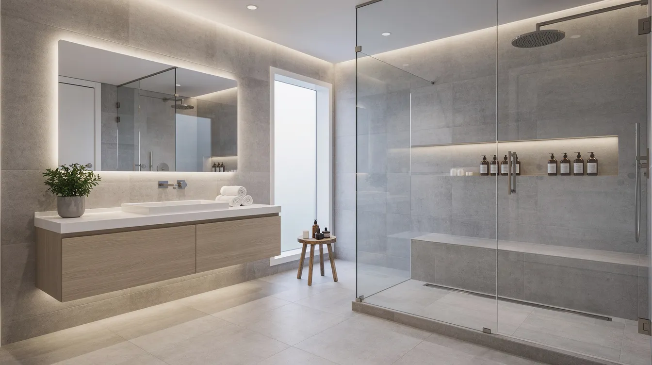 A modern bathroom featuring a floating wooden vanity, a large illuminated mirror, and a glass-enclosed walk-in shower.