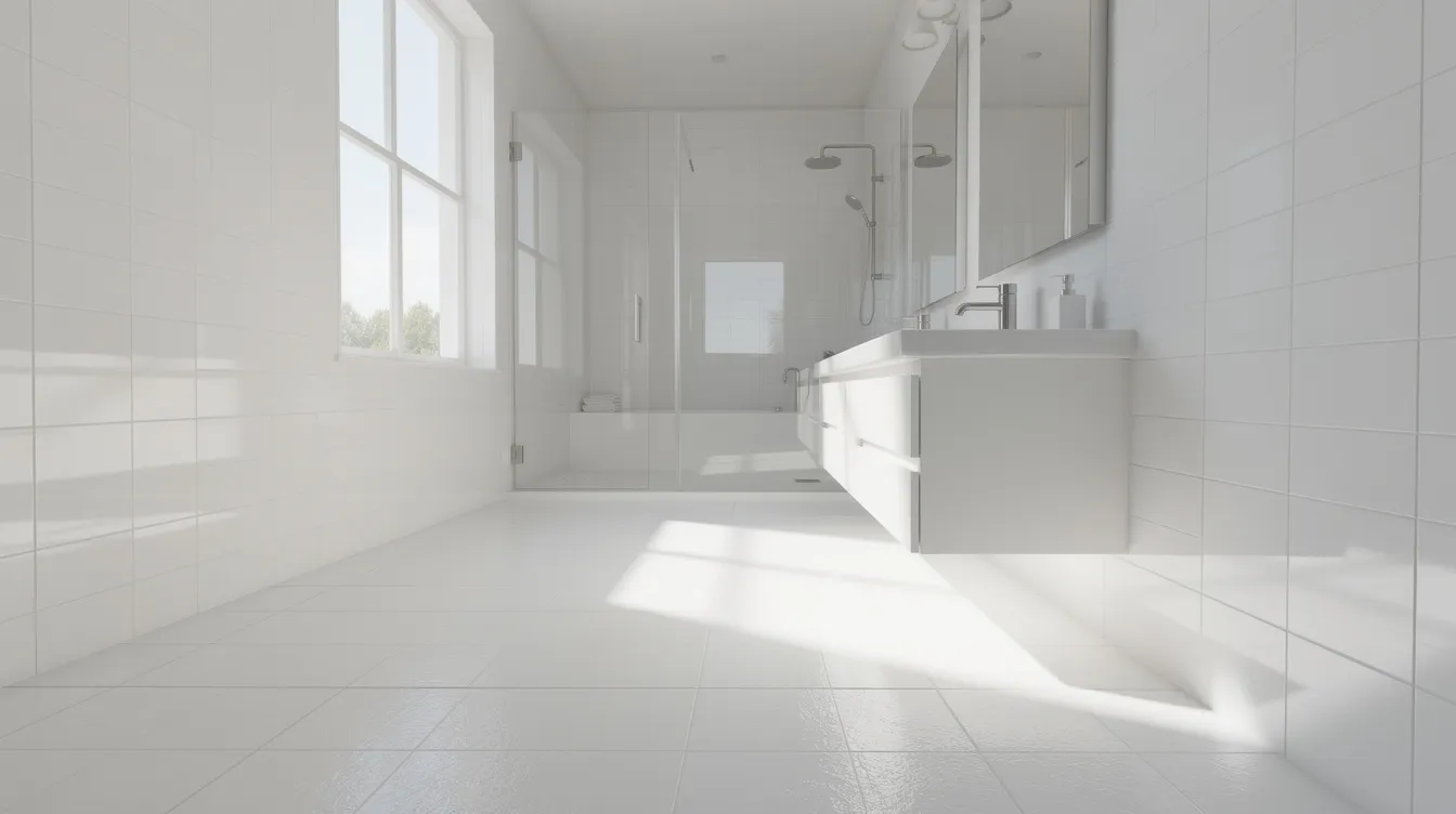 A bright white tiled bathroom is illuminated by natural sunlight streaming through a window, showcasing a combination of matte floor tile and glossy wall tile. The sleek design features clean grout lines and a modern aesthetic, creating a serene atmosphere reminiscent of a personal spa.