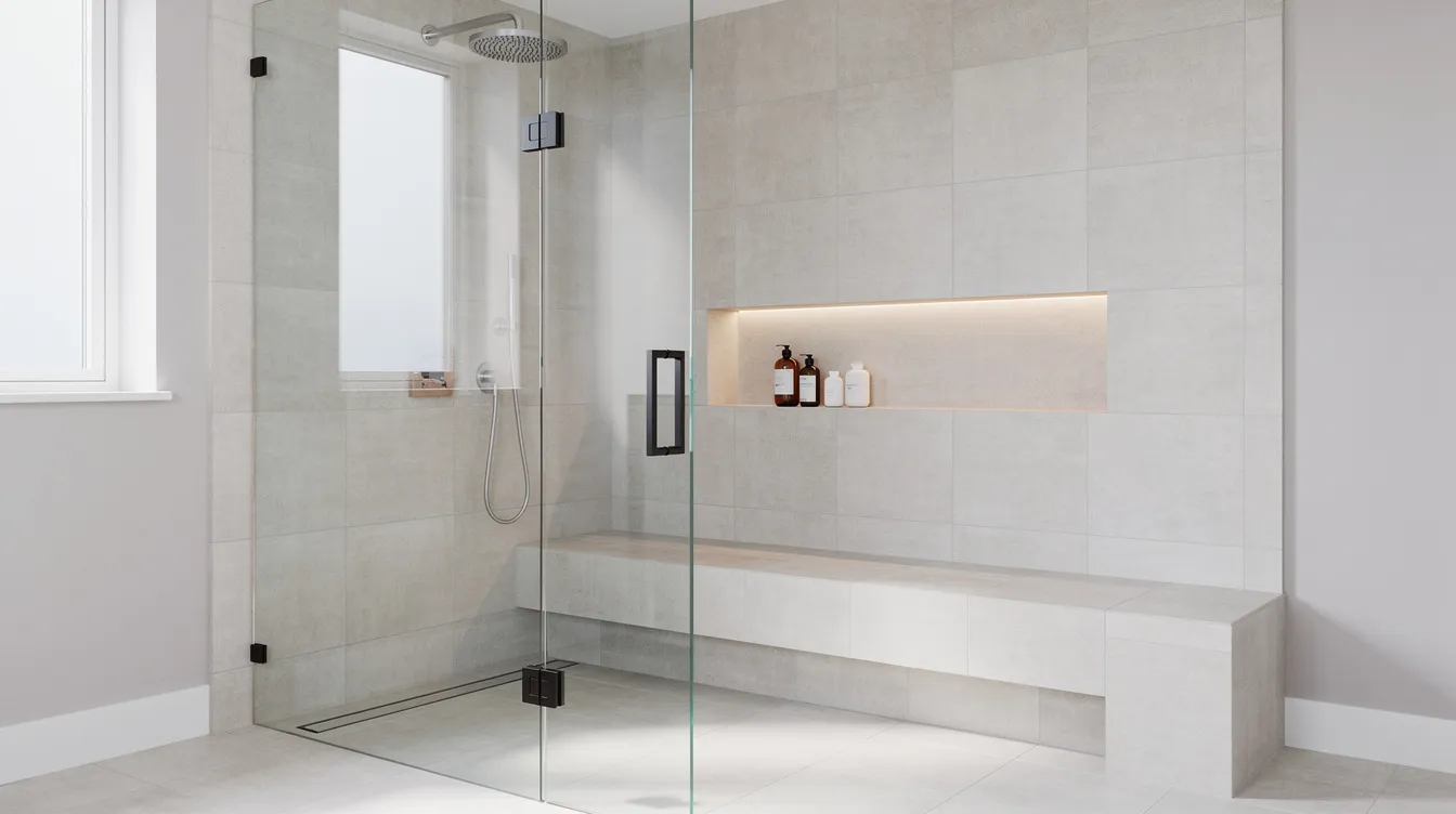 Modern minimalist bathroom with glass shower, white bench, and recessed wall shelf.