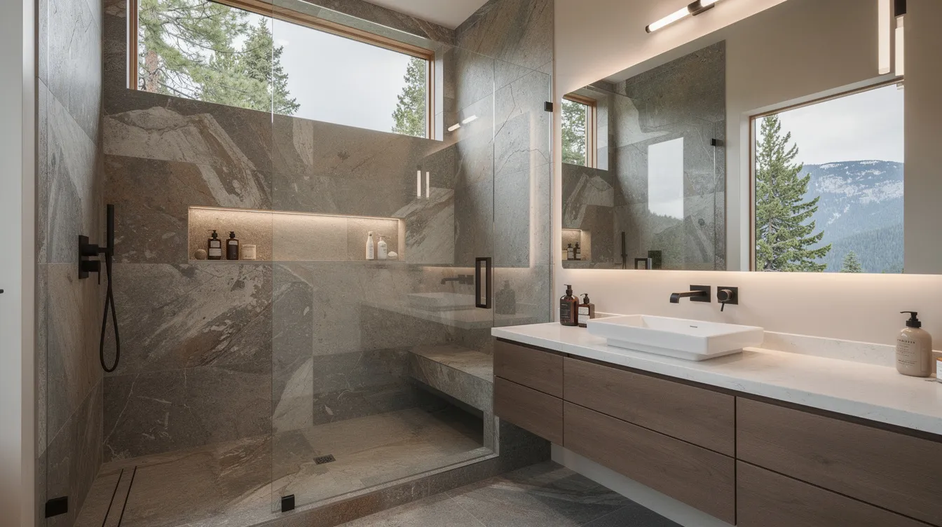 This image depicts a modern mountain bathroom featuring a walk-in shower with natural stone tile and a sleek frameless glass enclosure, showcasing a blend of beautiful design and clean lines. The setting reflects the charm of Woodland Park, Colorado, ideal for a bathroom remodel project that enhances both functionality and aesthetics.