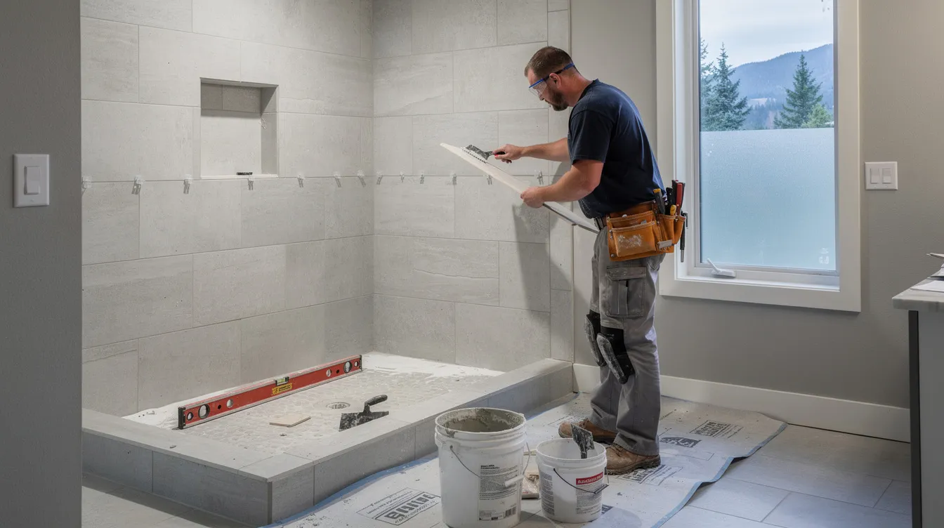 A professional worker is installing new tile in a beautifully remodeled bathroom in Woodland Park, Colorado, showcasing the careful attention to design and detail in the flooring project. The image highlights the clean and organized workspace, emphasizing the quality of materials used for the bathroom update.