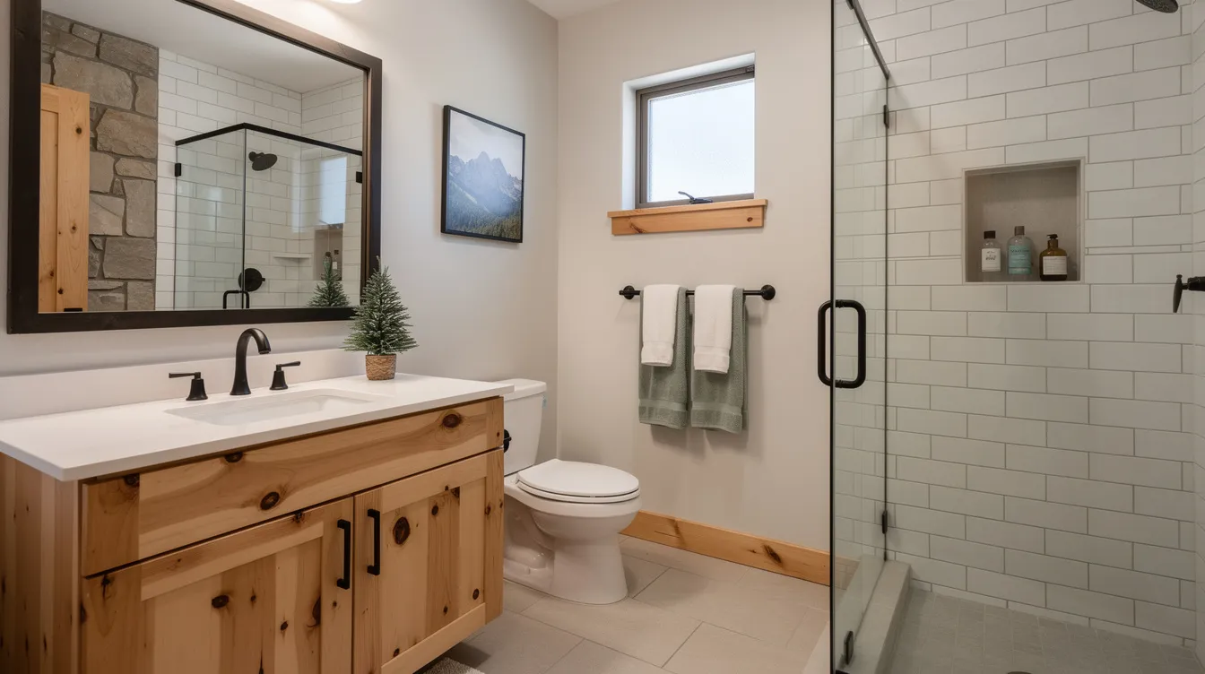 The image showcases a beautifully designed bathroom in Woodland Park, CO, featuring elegant tile flooring, a modern shower, and stylish accessories that create a clean and inviting space. This typical bathroom remodel reflects the professional craftsmanship and attention to detail that homeowners in the area can expect.