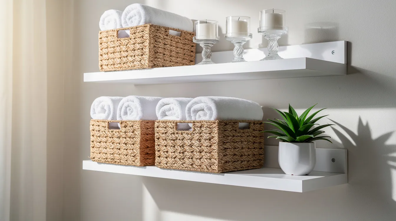 The image features stylish bathroom shelves adorned with neatly rolled white towels placed in woven baskets, alongside a small potted plant and elegant glass candle holders, creating an organized and modern look for bathroom storage solutions. This setup maximizes floor space and adds a touch of warmth to the small bathroom or powder room.
