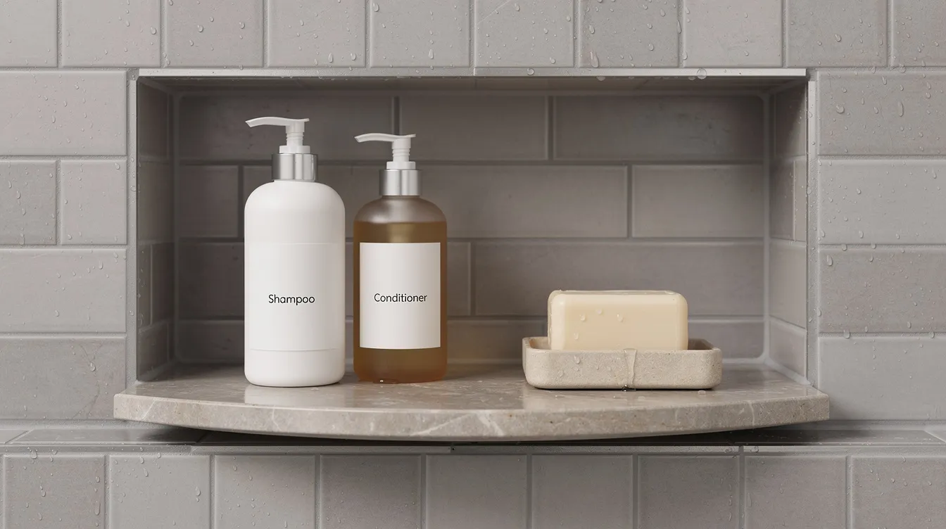 A close-up view of a tiled recessed shower niche features neatly arranged shampoo bottles and a bar of soap on a sloped stone shelf, showcasing an organized and stylish bathroom storage solution. This design maximizes space and provides easy access to toiletries, ideal for small bathrooms or powder rooms.