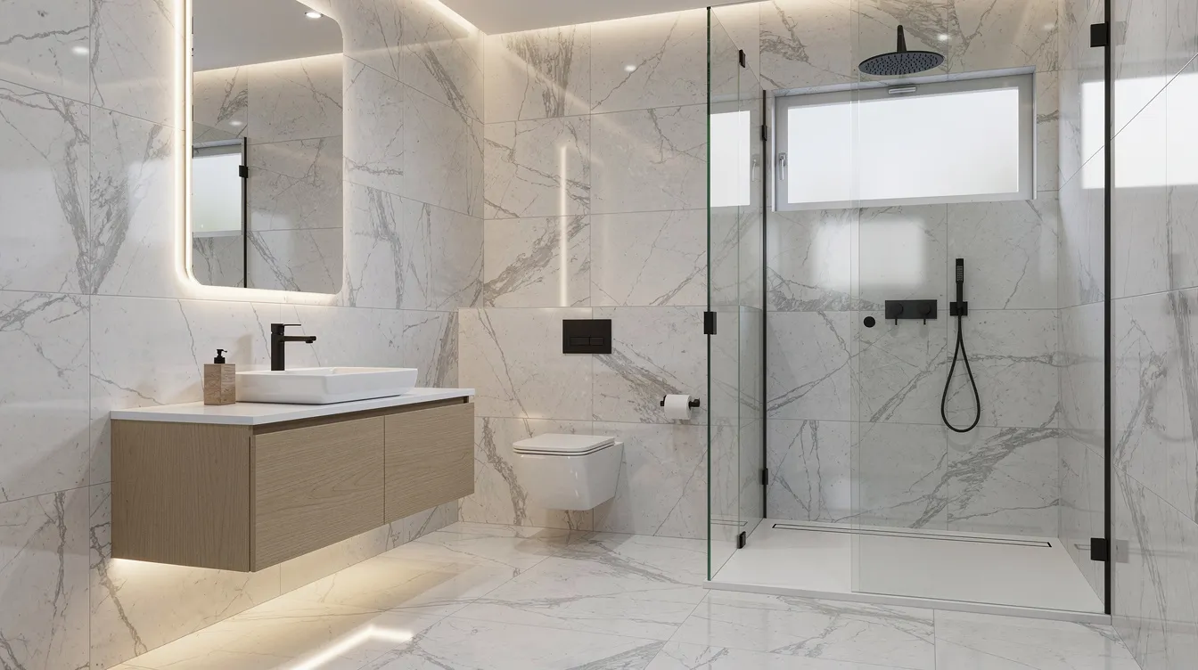 The image depicts a modern bathroom featuring elegant marble-look porcelain tiles on both the floors and walls, showcasing the exceptional durability and moisture resistance of porcelain tile. The sleek design enhances the aesthetic appeal while providing a low-maintenance surface ideal for high moisture environments.