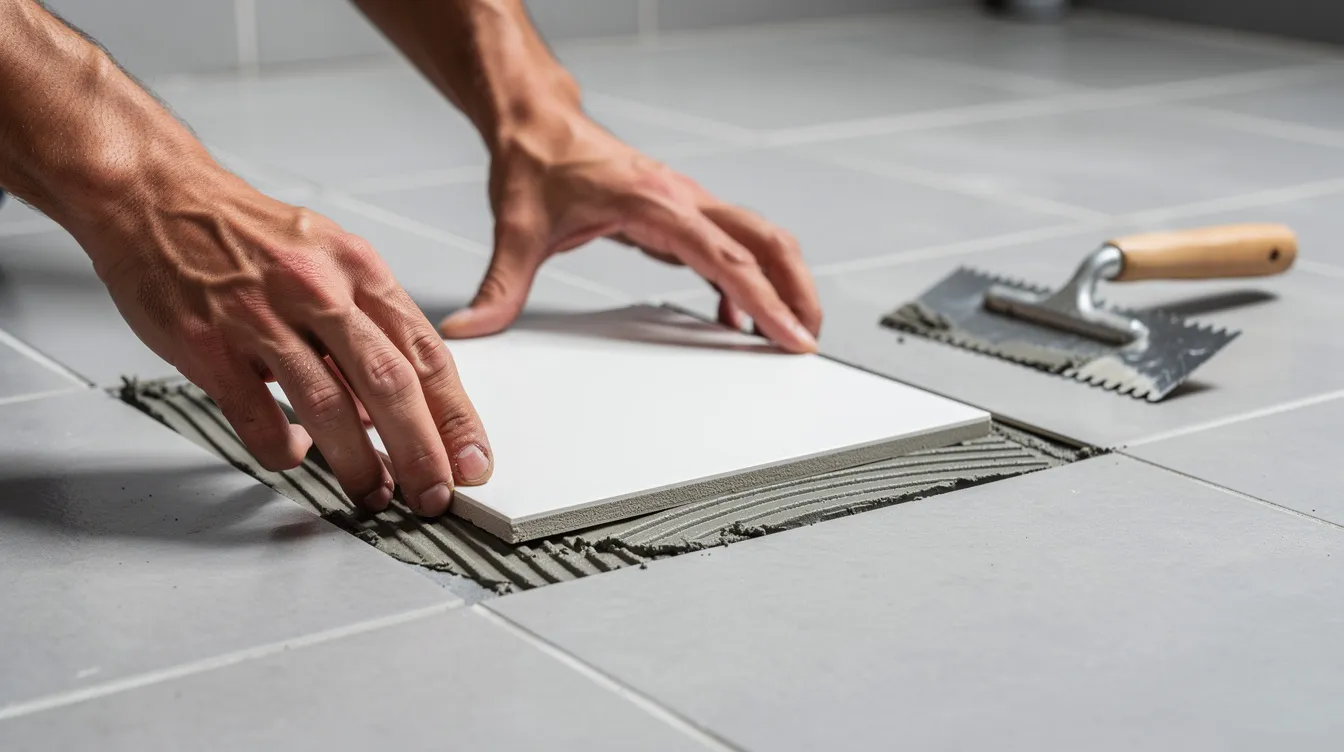 A pair of hands is carefully installing a replacement ceramic tile into a bathroom floor, using a trowel to apply adhesive. The focus is on the meticulous process of tile repair, ensuring a polished finish and a perfect fit with the surrounding grout.