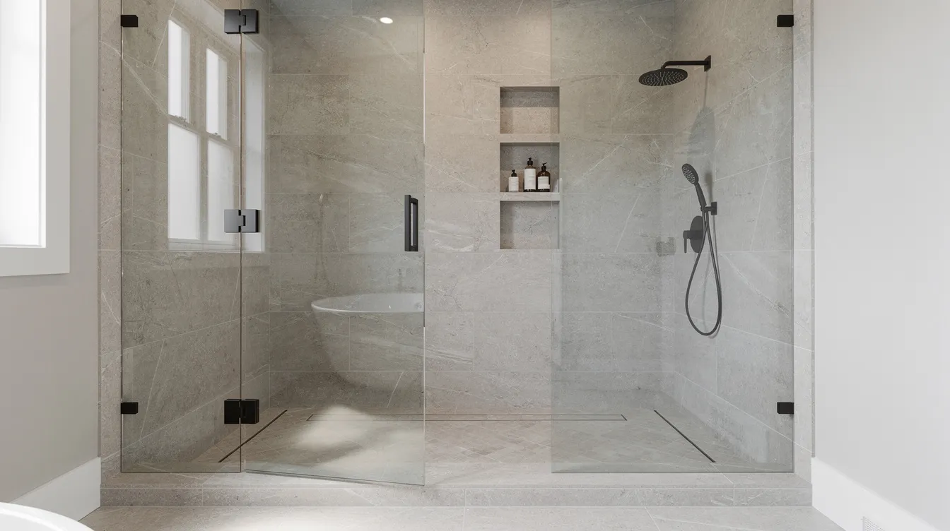 The image depicts a modern walk-in shower featuring large format porcelain tiles and a sleek glass enclosure, showcasing a stylish and water-resistant design ideal for bathroom flooring. The use of porcelain tiles adds a touch of durability and elegance, making it an attractive option for wet areas.