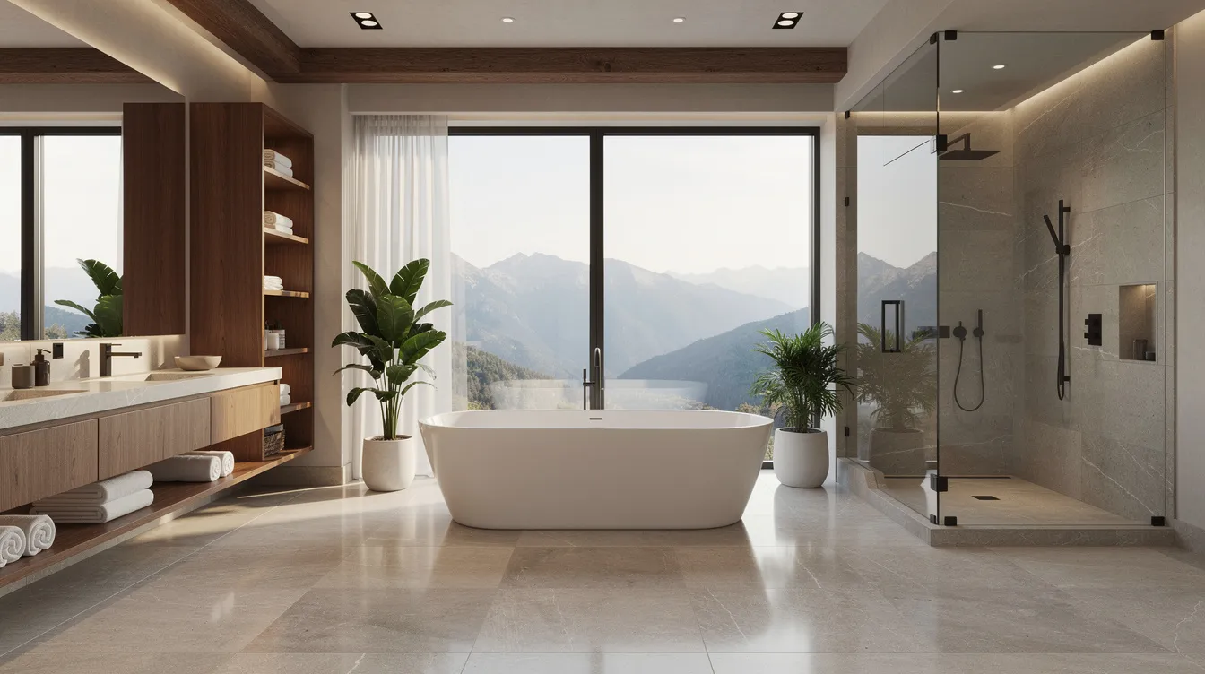 The image depicts a spacious, spa-like master bathroom featuring a freestanding white soaking tub and large windows that showcase stunning mountain views. The warm wood accents and neutral stone tile floors contribute to the luxurious atmosphere, making it an elegant master bathroom ideal for relaxation and rejuvenation.