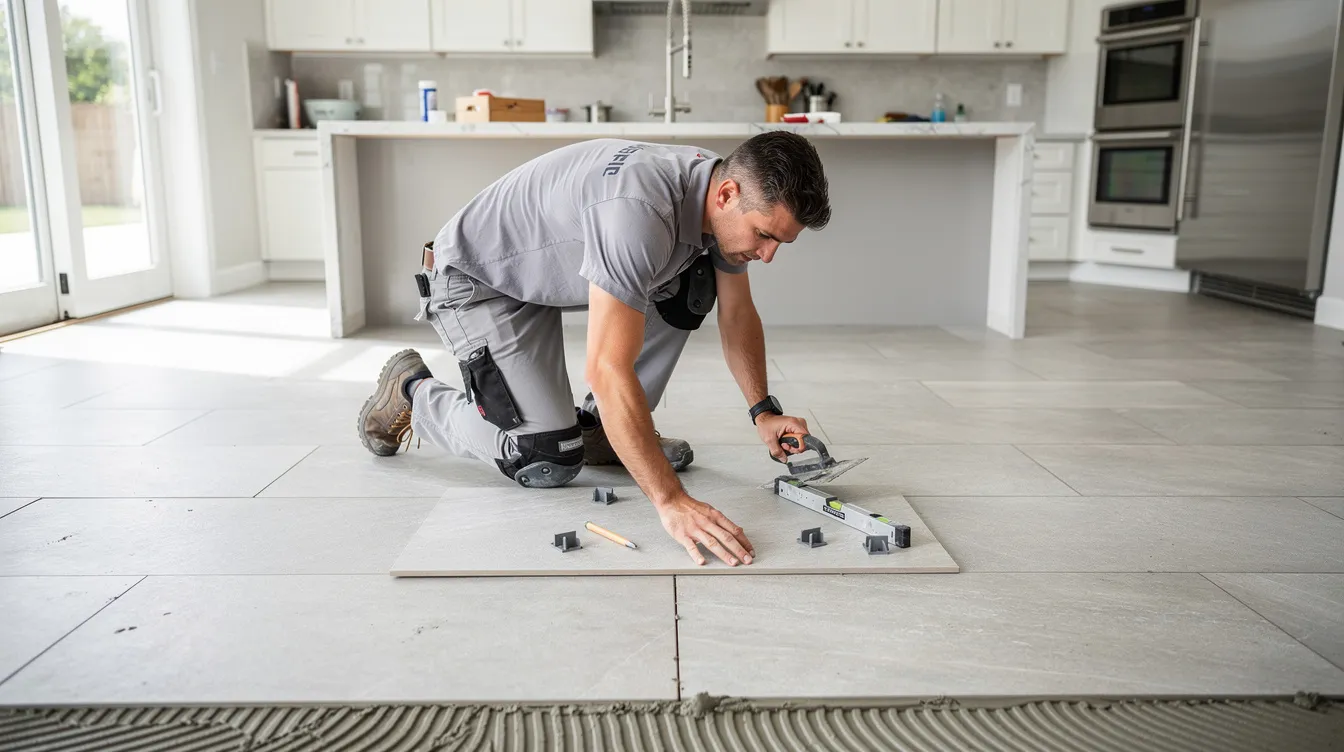 A professional tile installer is meticulously laying porcelain floor tiles in a modern kitchen, ensuring a precise fit for the tile installation project. The installer is focused on creating a durable and stylish surface, suitable for high traffic areas in homes within the Colorado Springs area.