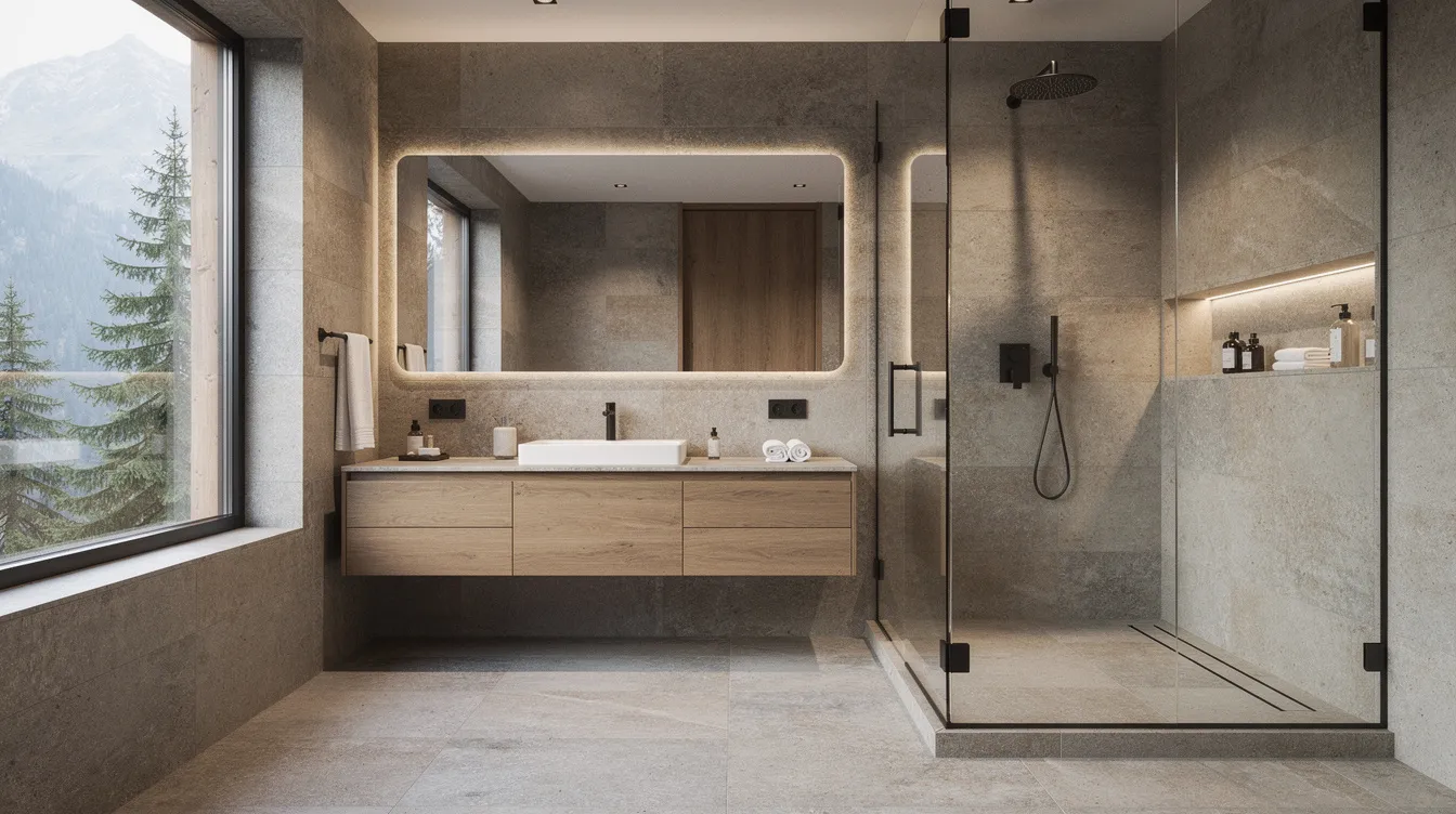 The image features a modern bathroom remodel showcasing natural stone tiles, a sleek floating vanity, and a spacious walk-in shower, all set against a backdrop of a mountain home. The design emphasizes a seamless blend of style and functionality, perfect for homeowners looking for inspiration for their bathroom renovation project.