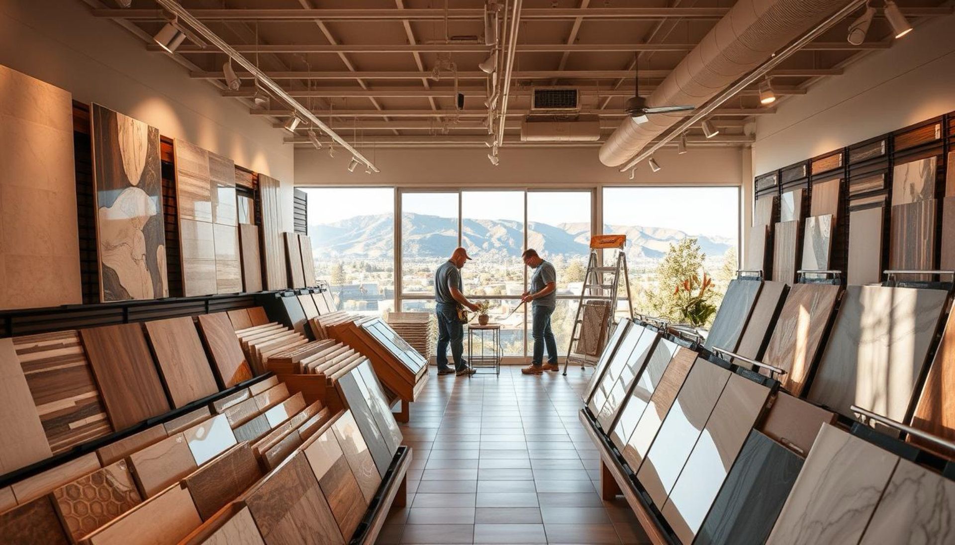 Tile showroom interior with tile samples on display. Two people near a large window, mountains visible outside.