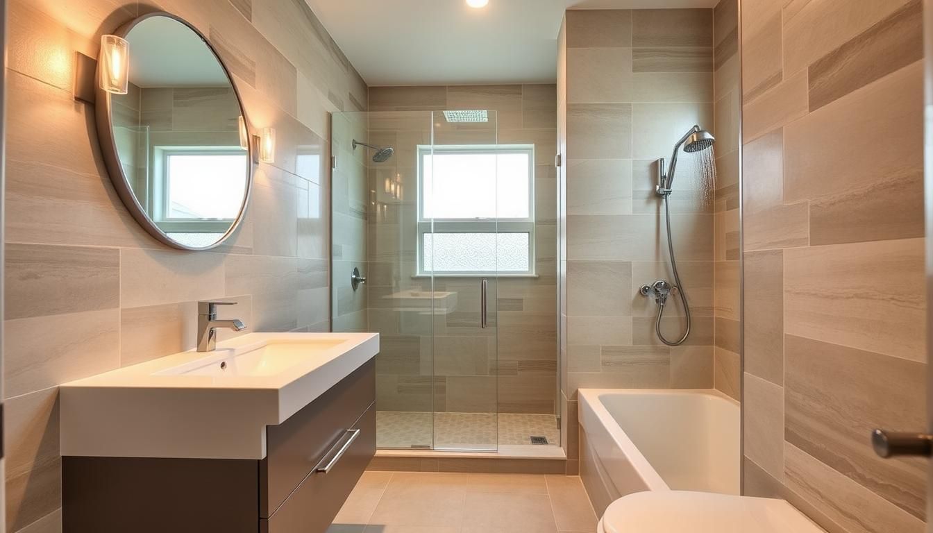 Modern bathroom with tan tile, glass shower, white sink, and oval mirror.
