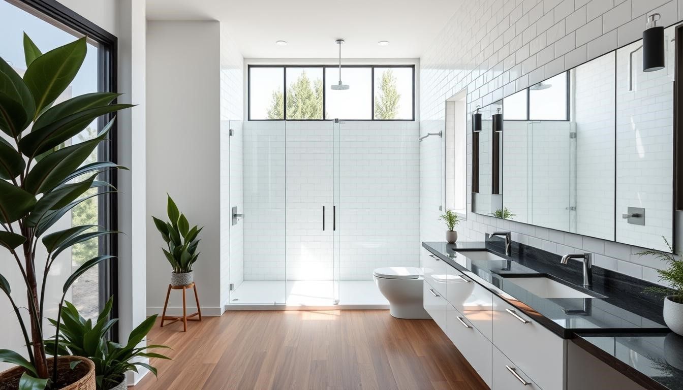 Modern bathroom with a glass shower, double sinks, white and black accents, and wooden floor.