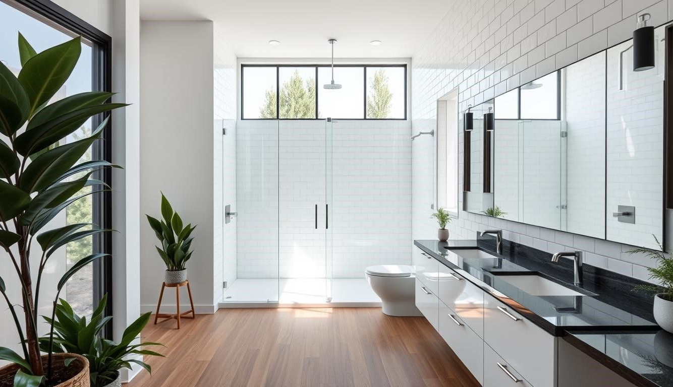 Modern bathroom with a white shower, vanity, and toilet. Wooden floor, black countertops, large wind
