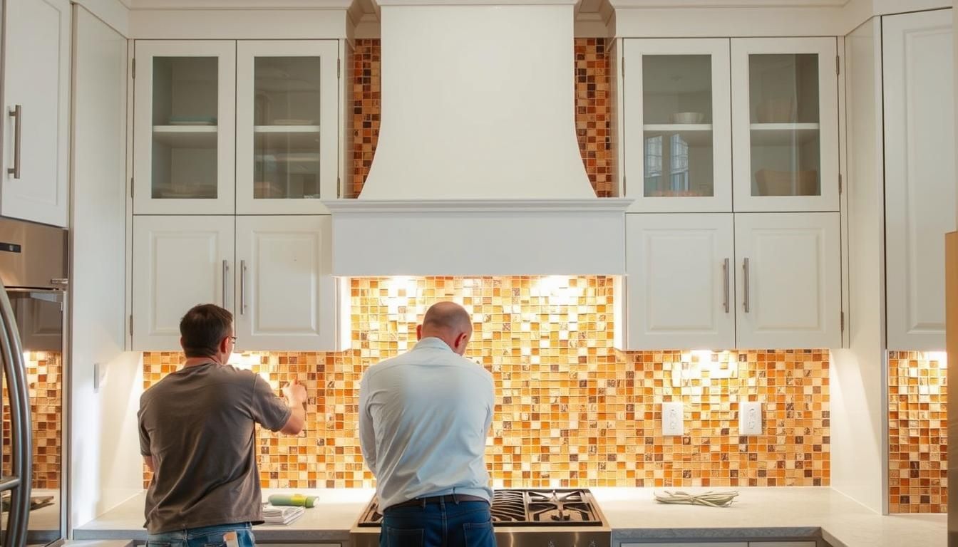 Two people installing backsplash tile in a kitchen with white cabinets, over a gas stove.