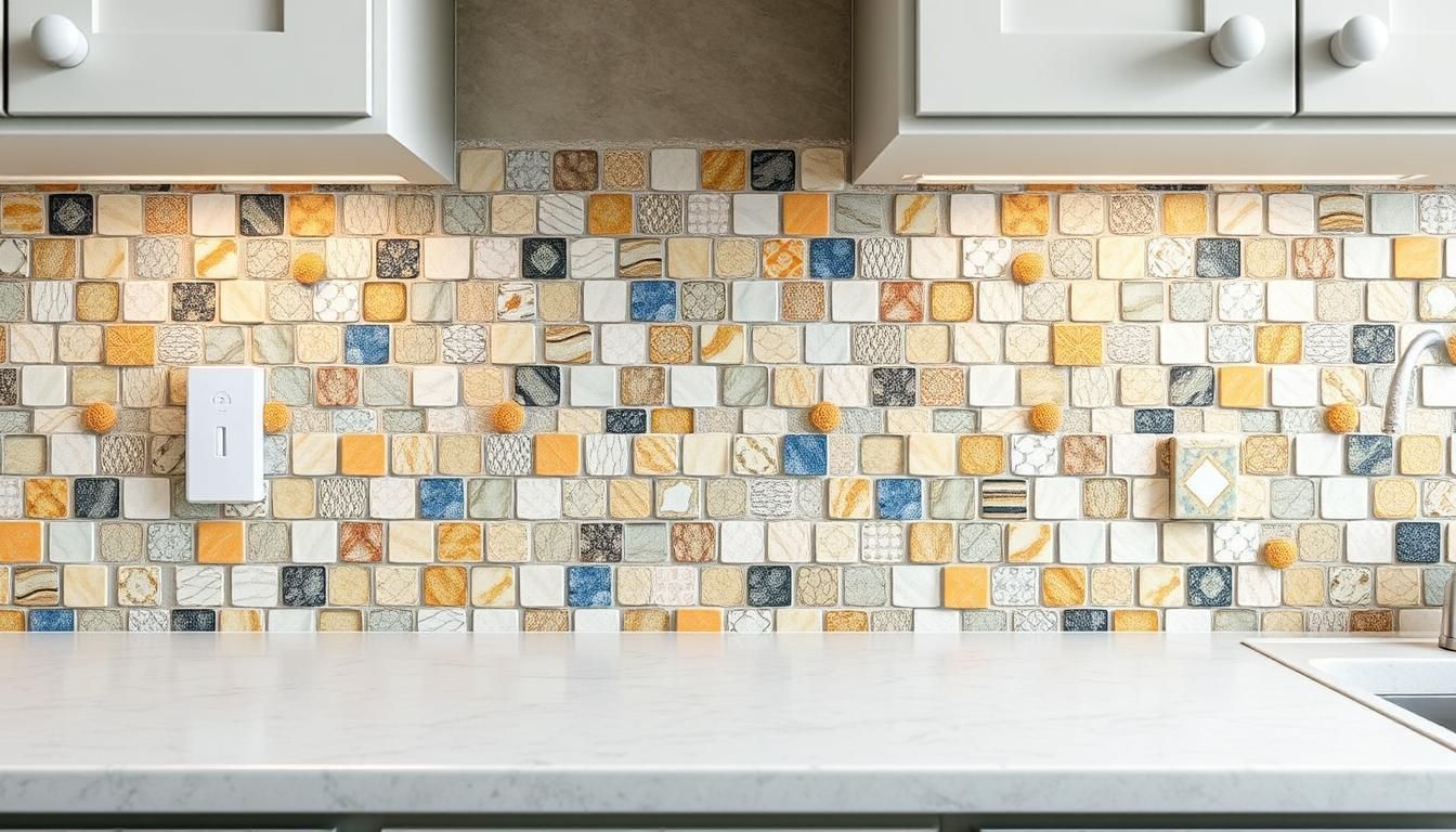 Kitchen backsplash with multi-colored tile and white cabinets.