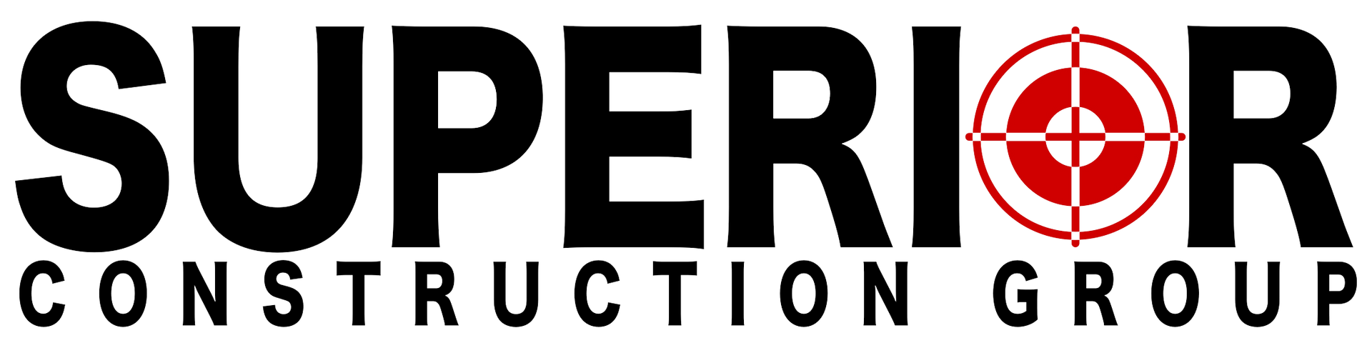 Logo for Superior Construction Group. Bold black text with a target graphic in the letter "R" in red and white.