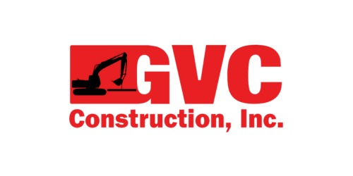 GVC Construction, Inc. logo in red. Features an excavator silhouette in a red rectangle, next to red letters "GVC".
