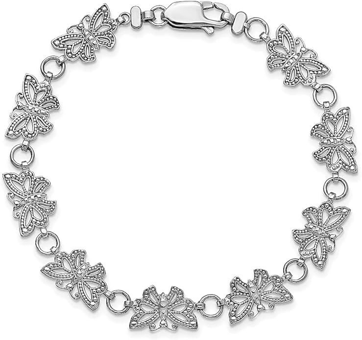 14k White Gold Beaded Butterfly Link Chain Charm Bracelet
