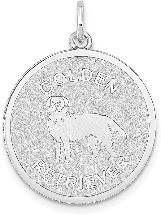 14k White Gold Engravable Golden Retriever Disc Necklace Charm Pendant