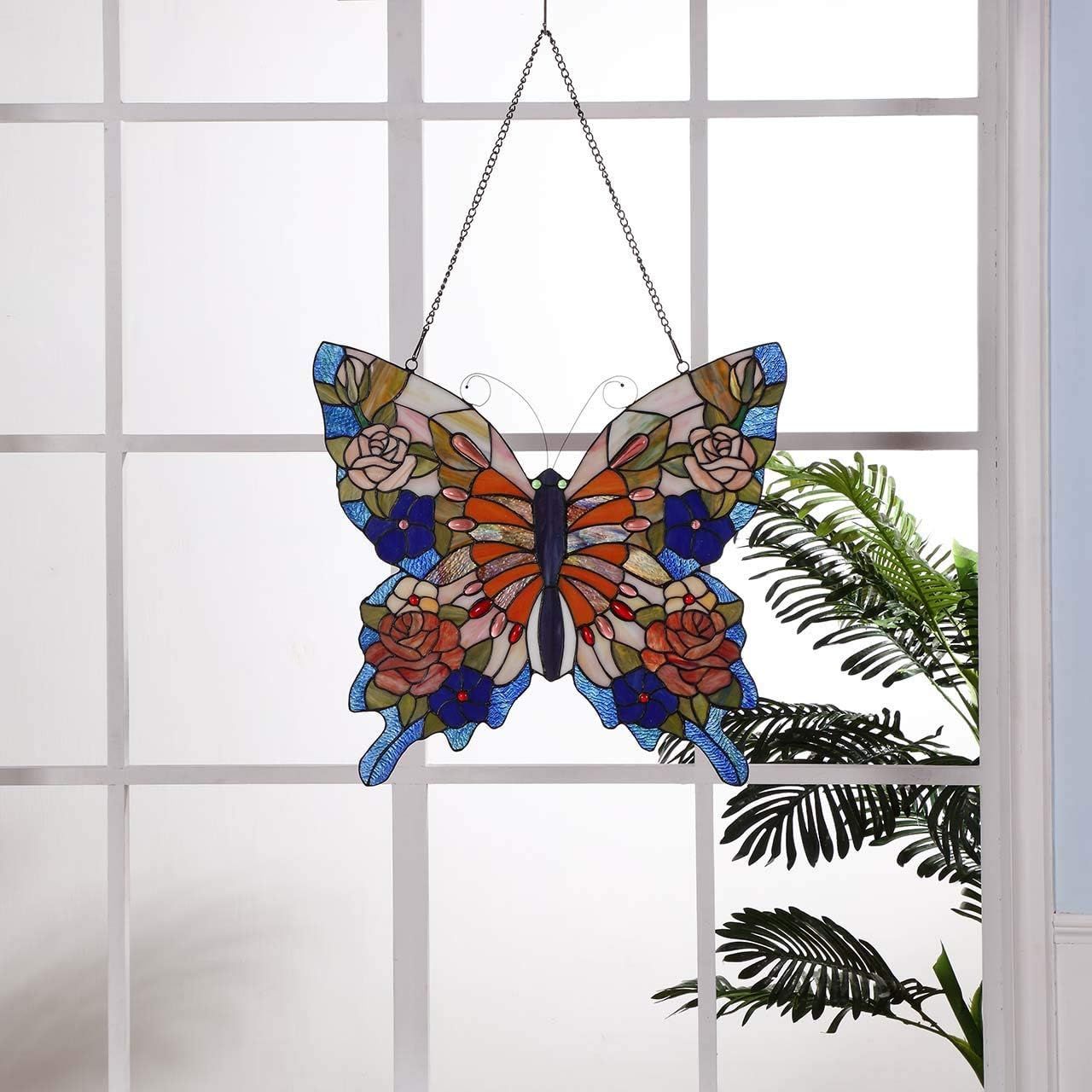 Butterfly Tiffany Style Stained Glass Window Panel with Chain