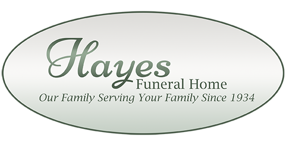 Hayes Funeral Home logo with gray oval and tagline “Our Family Serving Your Family Since 1934”