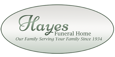 Hayes Funeral Home logo with gray oval and tagline &ldquo;Our Family Serving Your Family Since 1934&rdquo;