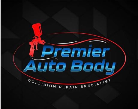 Premier Auto Body logo in blue and red on a dark background, with collision repair specialist text